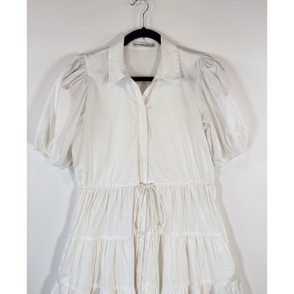 Abercrombie Fitch Dress White Puffed Poplin Mini Tiered Shirtdress Small Petite - Picture 6 of 10